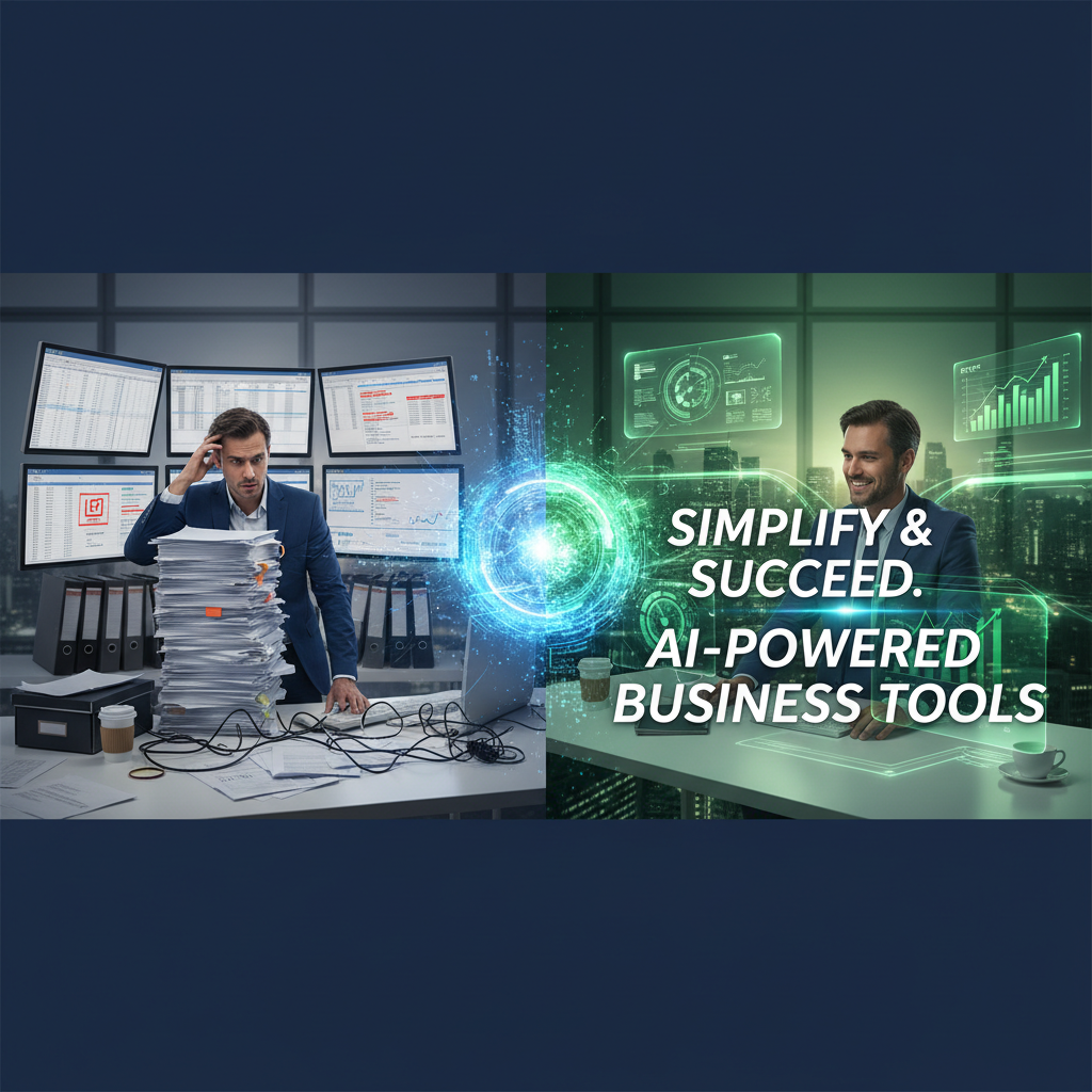 Business transformation concept showing a stressed entrepreneur overwhelmed by paperwork on the left, transitioning to a successful, relaxed professional using AI automation tools and digital dashboards on the right.